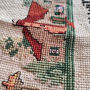 Vintage Needlepoint Wall Hanging with House Design